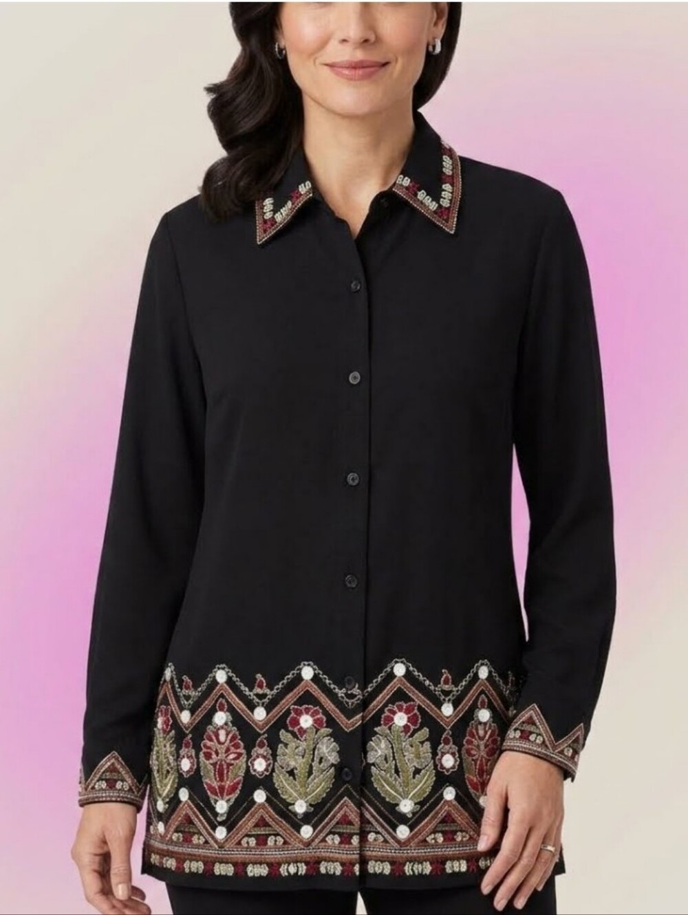 M🎀Victor Costa 90' Vtg.Western Black Embroidered Floral Garden Printed Black